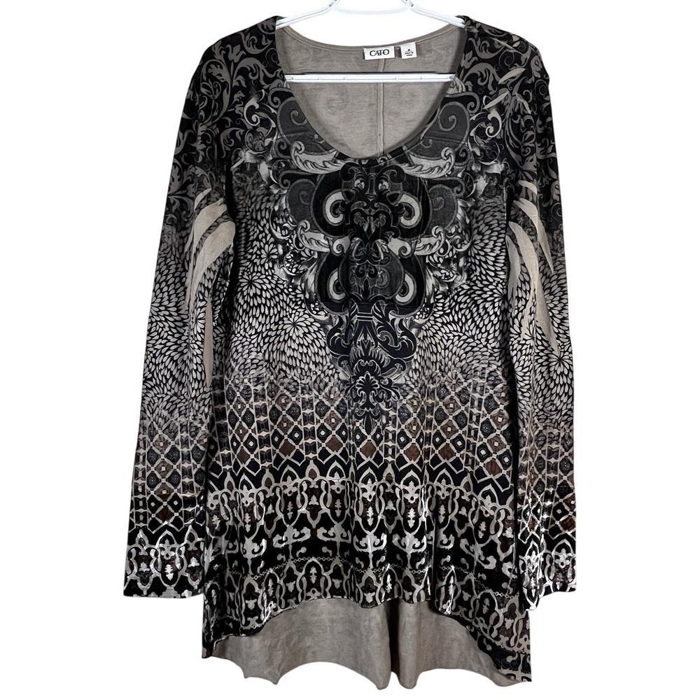 Cato Women's Fairygrunge Brown Velour Inlay Hi-Lo Shirt Top Damask Paisley Sz M
